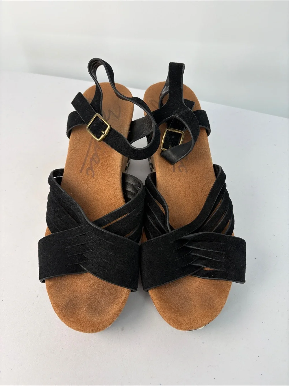 🐚 Zodiac Black Suede Cork Espadrille Wedges Paola